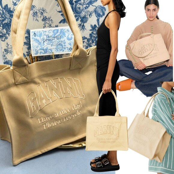 🆕 GANNI 🧿 NWOT Large Easy Shopper Tote Bag, Beige Canvas & Beige Embroidery - Picture 1 of 14